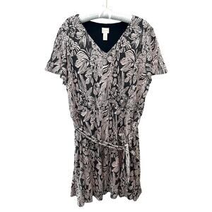 CHICO’S | Black Blush Abstract Floral Print Belted V Neck Midi Dress | Size 3 XL